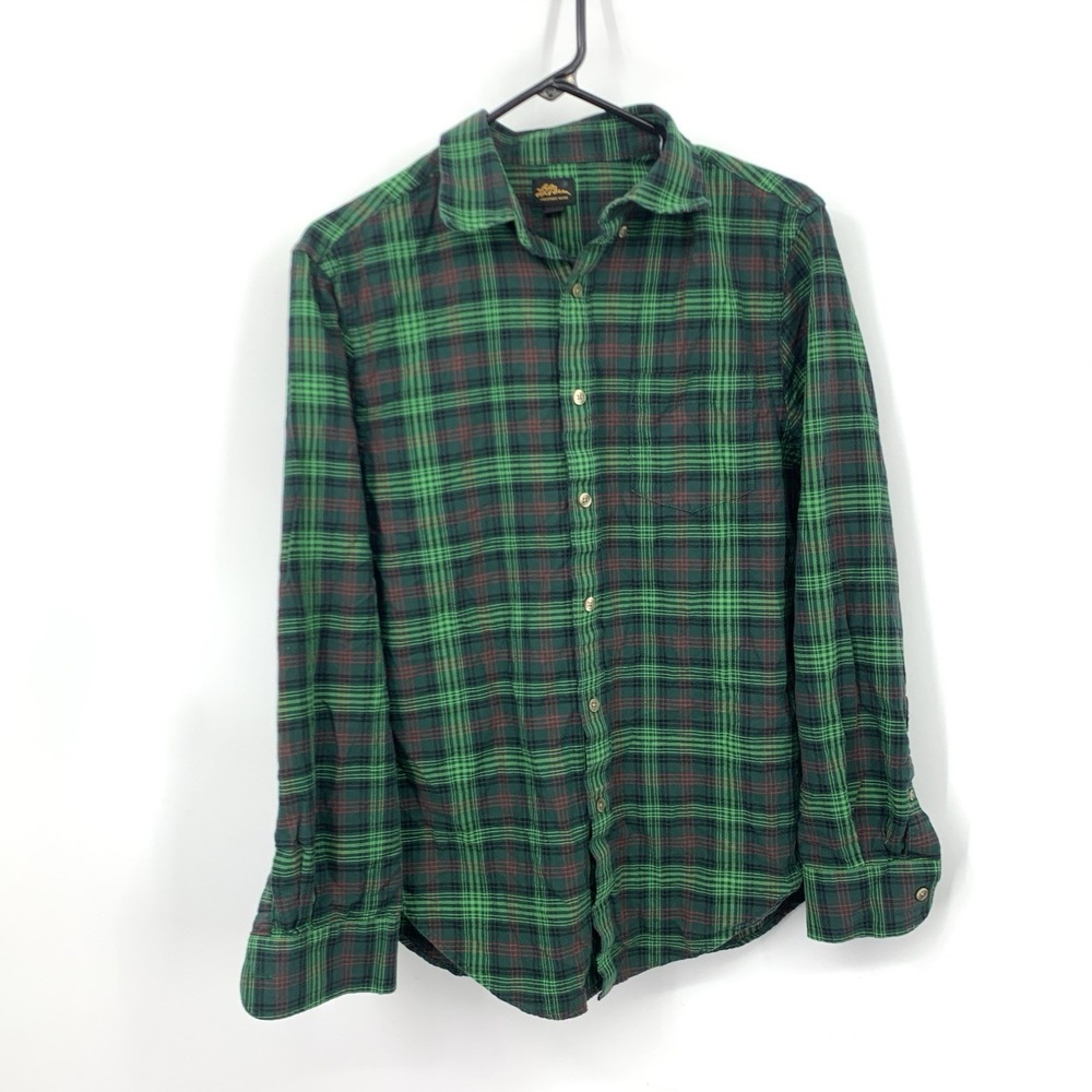 LL Bean Signature Men Size Small Shirt Green Red Checkered Plaid Long Sleeve Top